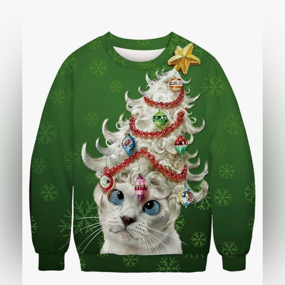 NWT Ugly Sweater Christmas Cat Crew Neck Pullover Green Sweatershirt